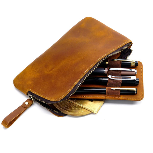 Trousse en cuir vintage avec fermeture éclair pour étudiant et professionnel