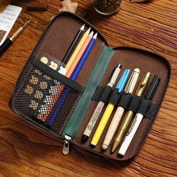 Trousse à crayons en cuir rétro avec fermeture éclair et fentes pour stylos